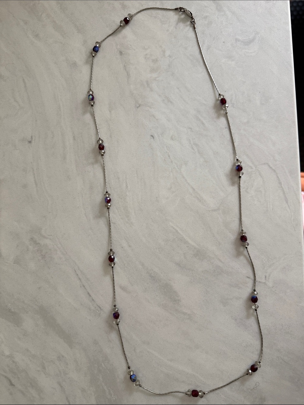 Delicate Silver Chain Necklace with Red and White Beads